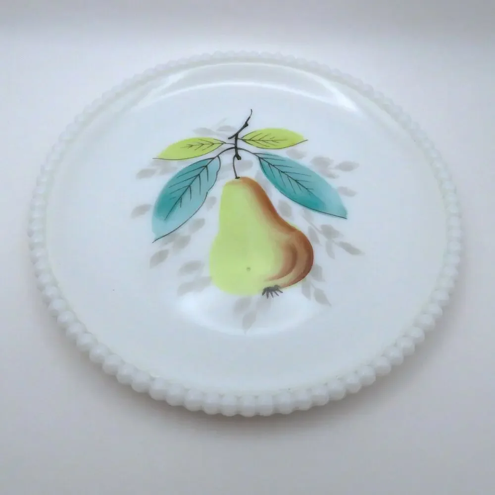 Vintage Milk Glass Decorative Dessert Plate Pear Design Beaded Rim 7.5 Inch